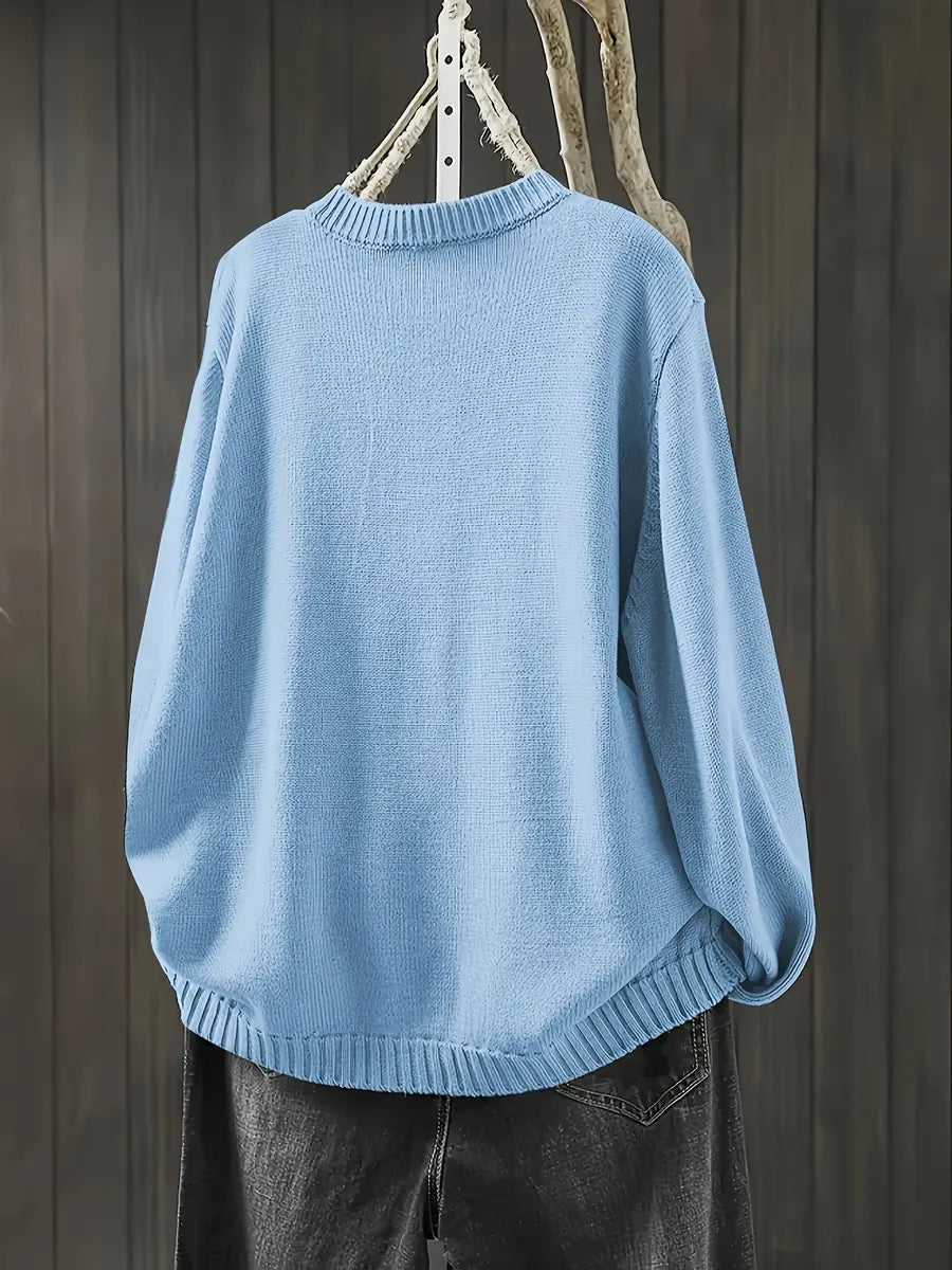 Light Blue Women's Button-Front Knit Cardigan — Ophelia Everyday Crew Neck Oversized - Back Pose
