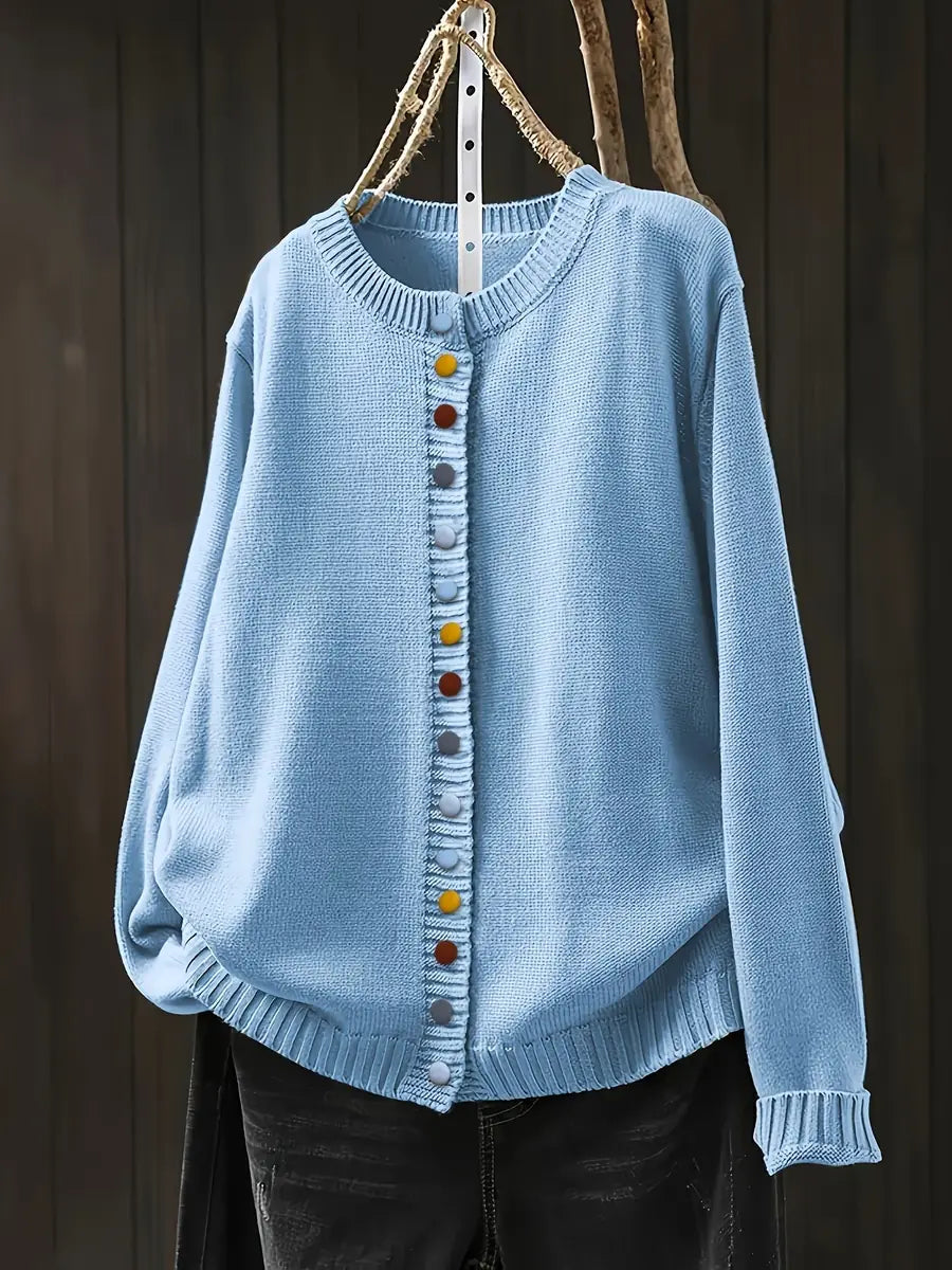 Light Blue Women's Button-Front Knit Cardigan — Ophelia Everyday Crew Neck Oversized - Front Pose