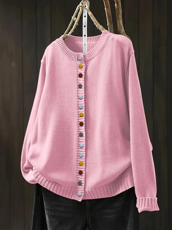 Light Pink Women's Button-Front Knit Cardigan — Ophelia Everyday Crew Neck Oversized - Front Full