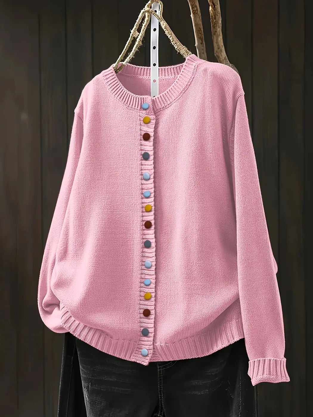 Light Pink Women's Button-Front Knit Cardigan — Ophelia Everyday Crew Neck Oversized - Front Full