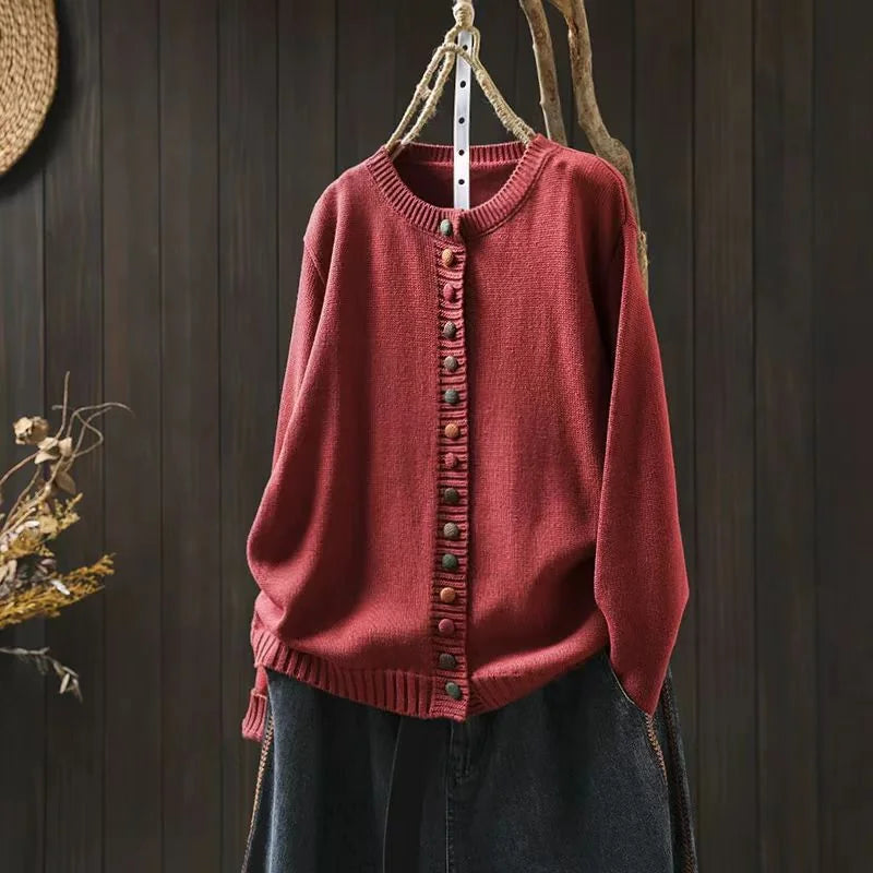 Red Women's Button-Front Knit Cardigan — Ophelia Everyday Crew Neck Oversized - Front Closeup