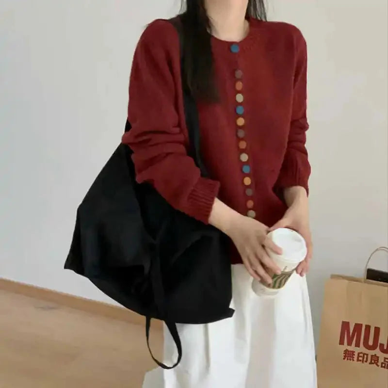 Red Women's Button-Front Knit Cardigan — Silvia Cozy Relaxed Rainbow-Button - Worn Lifestyle Bag
