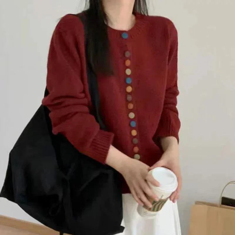 Red Women's Button-Front Knit Cardigan — Silvia Cozy Relaxed Rainbow-Button - Worn Lifestyle Coffee