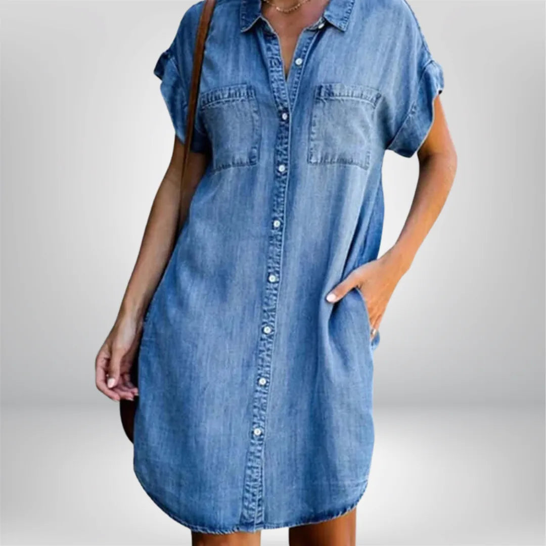 Ella | Casual Button-Front Short Sleeve Denim Dress