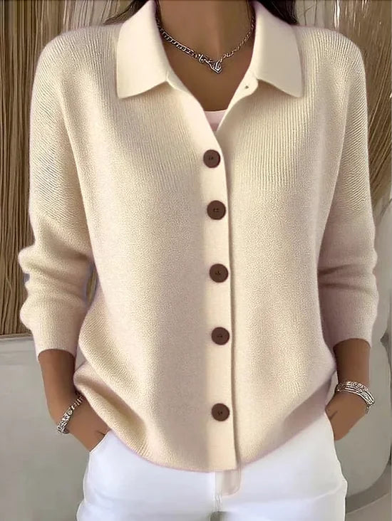Beige Women's Button Knit Cardigan — Chloe Ribbed Knit Relaxed Collar - Front Full