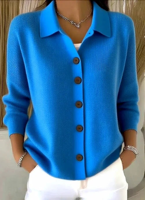 Blue Women's Button Knit Cardigan — Chloe Ribbed Knit Relaxed Collar - Outdoor Pose