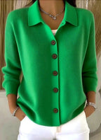 Green Women's Button Knit Cardigan — Chloe Ribbed Knit Relaxed Collar - Close Up Buttons