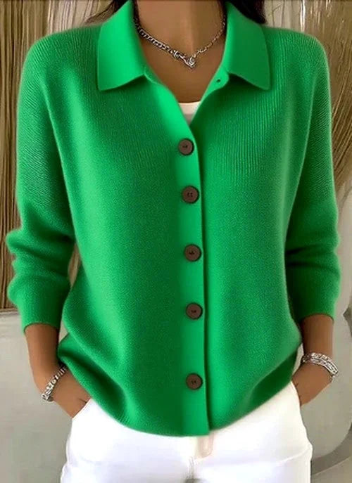 Green Women's Button Knit Cardigan — Chloe Ribbed Knit Relaxed Collar - Close Up Buttons