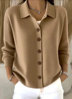 Khaki Women's Button Knit Cardigan — Chloe Ribbed Knit Relaxed Collar - Front Detail