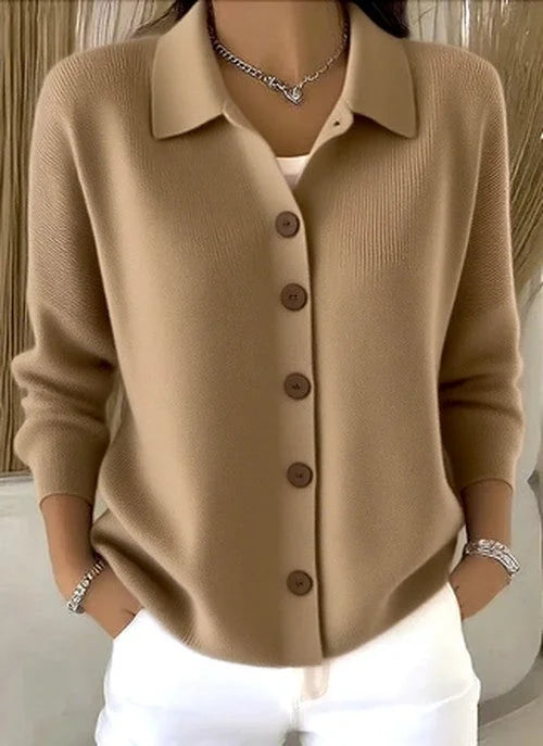 Khaki Women's Button Knit Cardigan — Chloe Ribbed Knit Relaxed Collar - Front Detail
