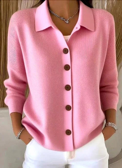 Pink Women's Button Knit Cardigan — Chloe Ribbed Knit Relaxed Collar - Studio Pose