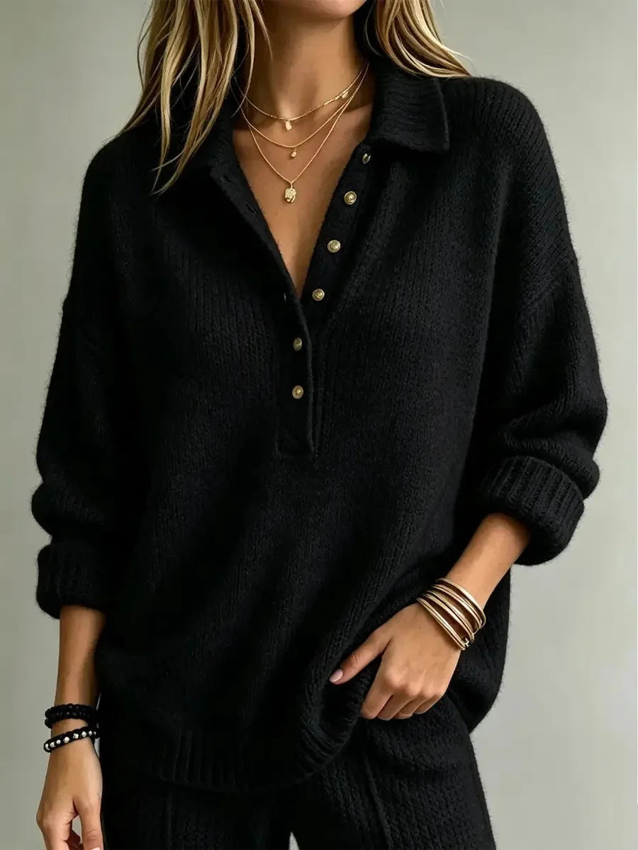 Women's Ribbed Knit Polo Sweater with Button Placket & Collar - Studio Pose