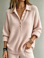 Pink Women's Ribbed Knit Polo Sweater with Button Placket & Collar