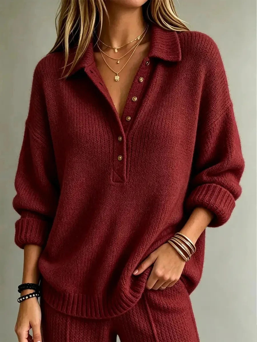 Red Women's Ribbed Knit Polo Sweater with Button Placket & Collar