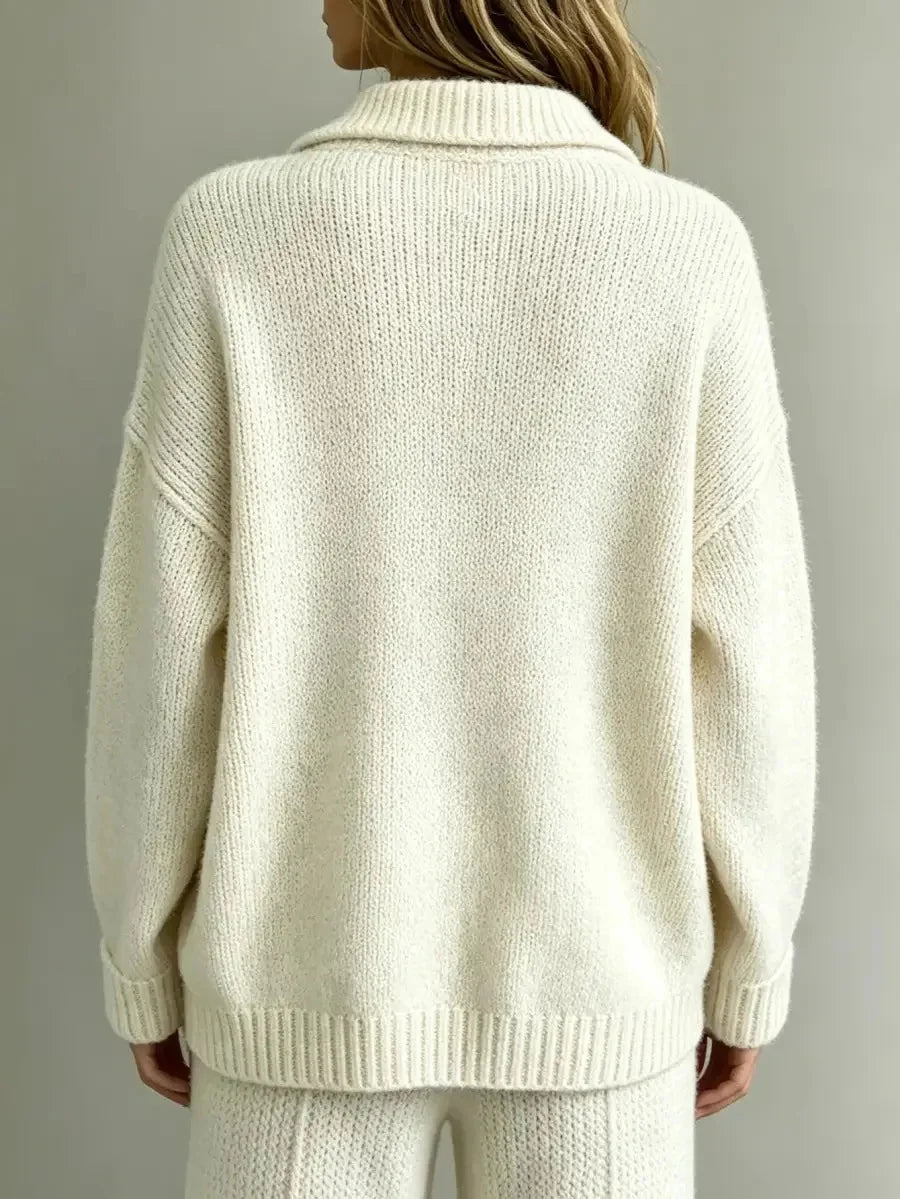 Women's Ribbed Knit Polo Sweater with Button Placket & Collar - Back Detail