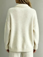 Women's Ribbed Knit Polo Sweater with Button Placket & Collar - Back Detail