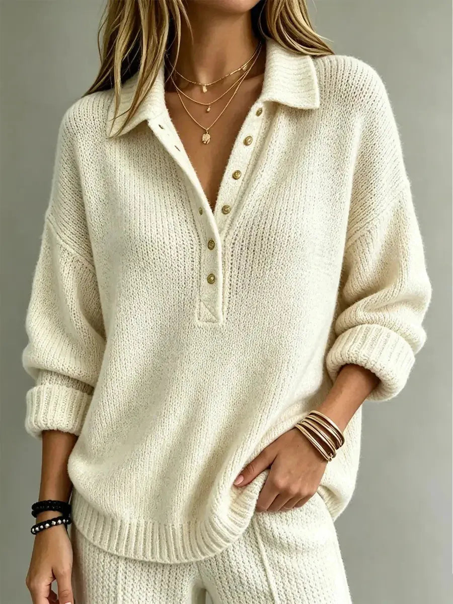 White Women's Ribbed Knit Polo Sweater with Button Placket & Collar