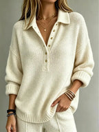 White Women's Ribbed Knit Polo Sweater with Button Placket & Collar