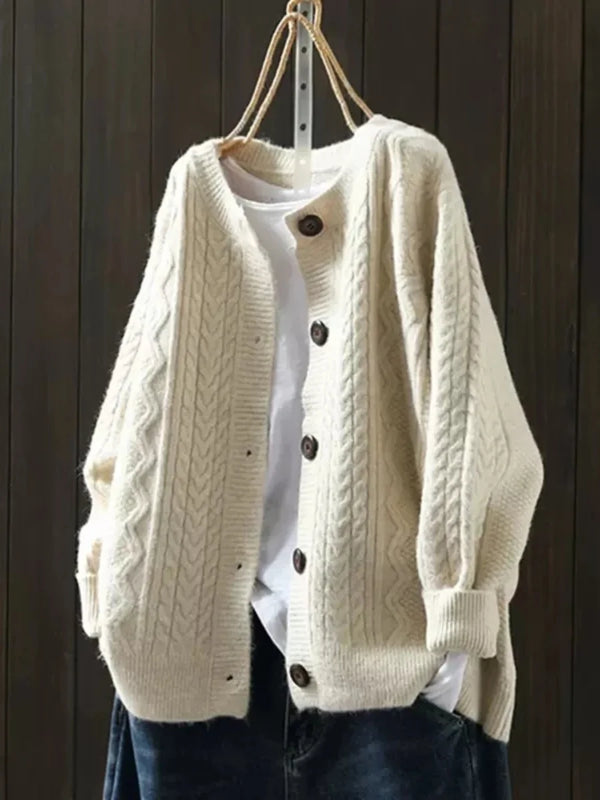 Beige Women's Cable Knit Cardigan — Sofia Button-Front Oversized Chunky-Knit - Front Full