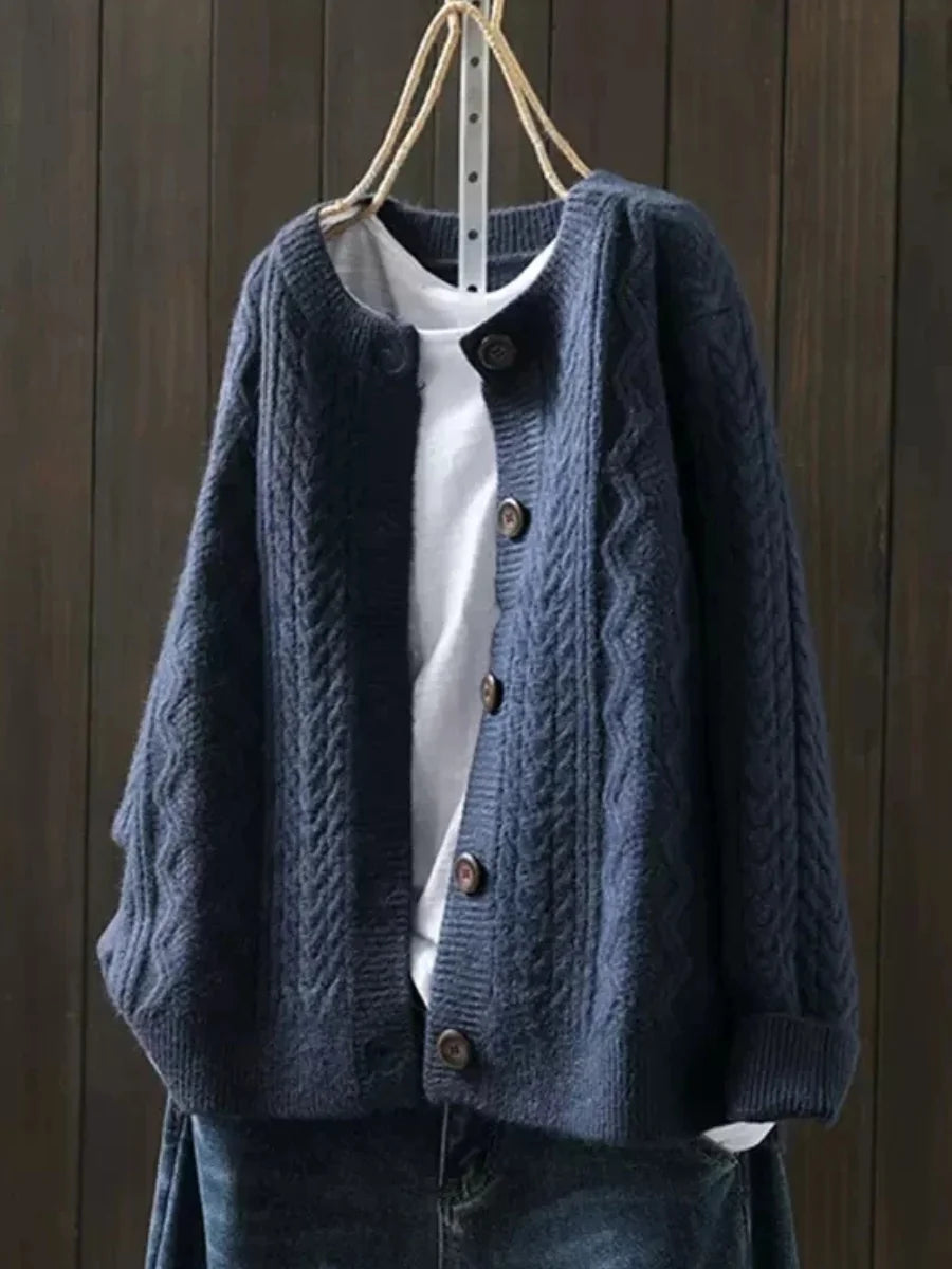 Navy Blue Women's Cable Knit Cardigan — Sofia Button-Front Oversized Chunky-Knit - Front Hanging
