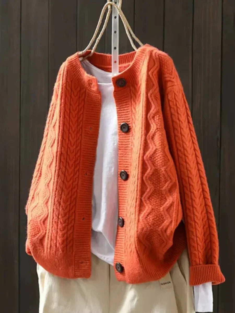 Orange Women's Cable Knit Cardigan — Sofia Button-Front Oversized Chunky-Knit - Front Pose