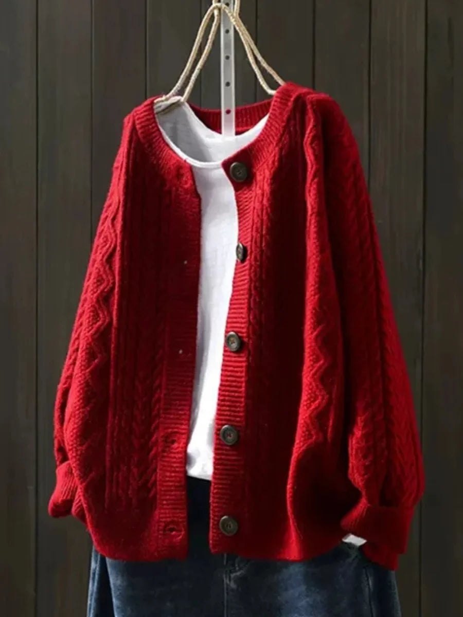Red Women's Cable Knit Cardigan — Sofia Button-Front Oversized Chunky-Knit - Front Detail