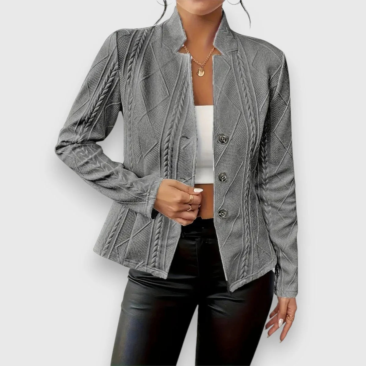 Beige Women's Cable Knit Mock Neck Sweater Top with Button-Front Closure & Relaxed Fit — Maddison - Back Full Cream