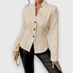 Pink Women's Cable Knit Mock Neck Sweater Top with Button-Front Closure & Relaxed Fit - Front Collar Tilt