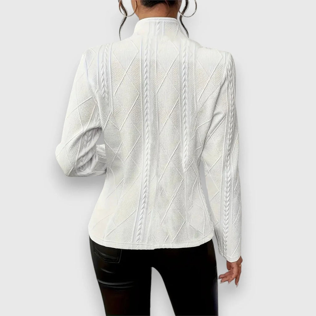 White Women's Cable Knit Mock Neck Sweater Top with Button-Front Closure & Relaxed Fit — Maddison - Front Open Necklace