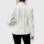 White Women's Cable Knit Mock Neck Sweater Top with Button-Front Closure & Relaxed Fit — Maddison - Front Open Necklace