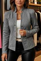 Dark Gray Women's Open Front Blazer with Cable Knit Texture & Stand Collar - Belted Close Up