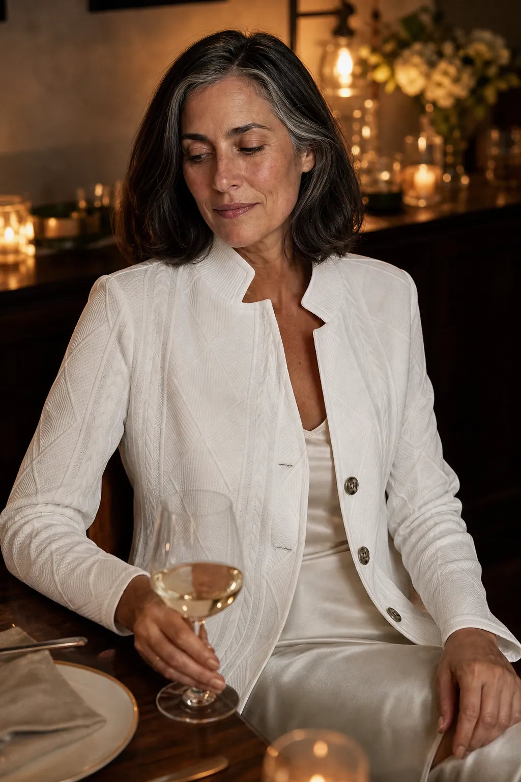 Women's Open Front Blazer with Cable Knit Texture & Stand Collar - Evening Lifestyle