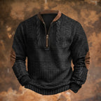 Black Men's Quarter Zip Sweater with Cable Knit Texture & Suede Elbow Patches