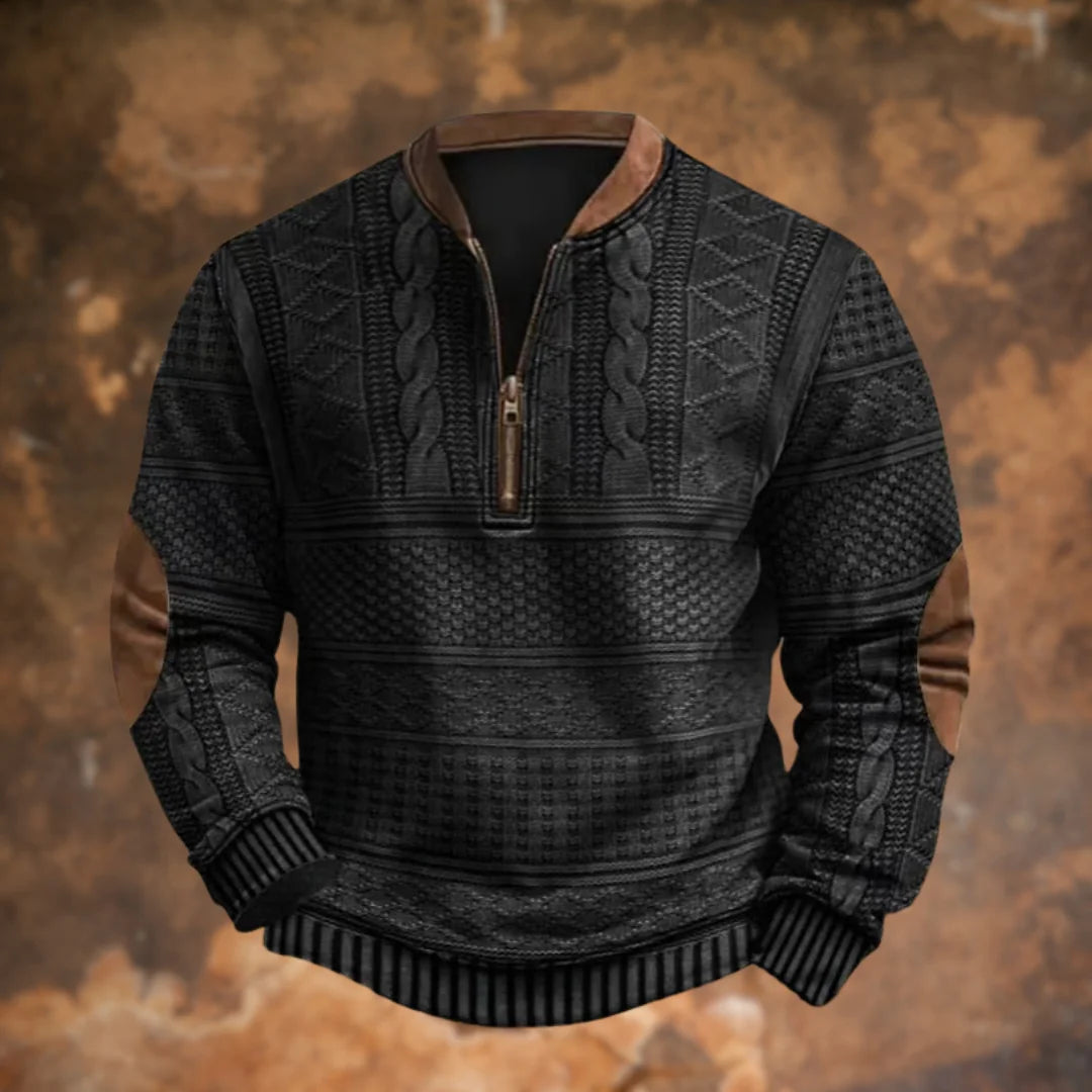 Black Men's Quarter Zip Sweater with Cable Knit Texture & Suede Elbow Patches