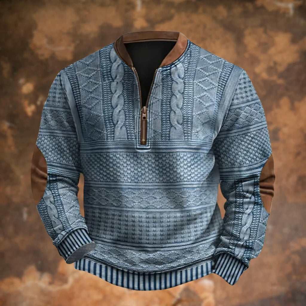 Blue Men's Quarter Zip Sweater with Cable Knit Texture & Suede Elbow Patches