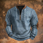 Blue Men's Quarter Zip Sweater with Cable Knit Texture & Suede Elbow Patches