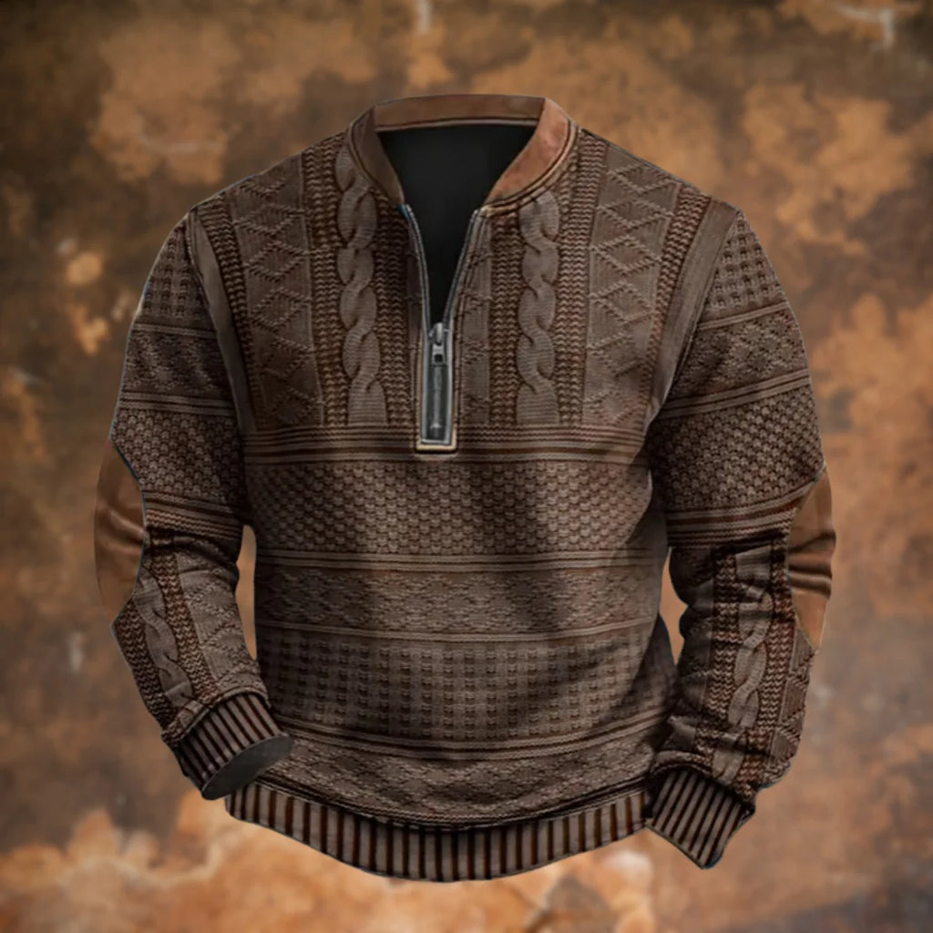 Brown Men's Quarter Zip Sweater with Cable Knit Texture & Suede Elbow Patches