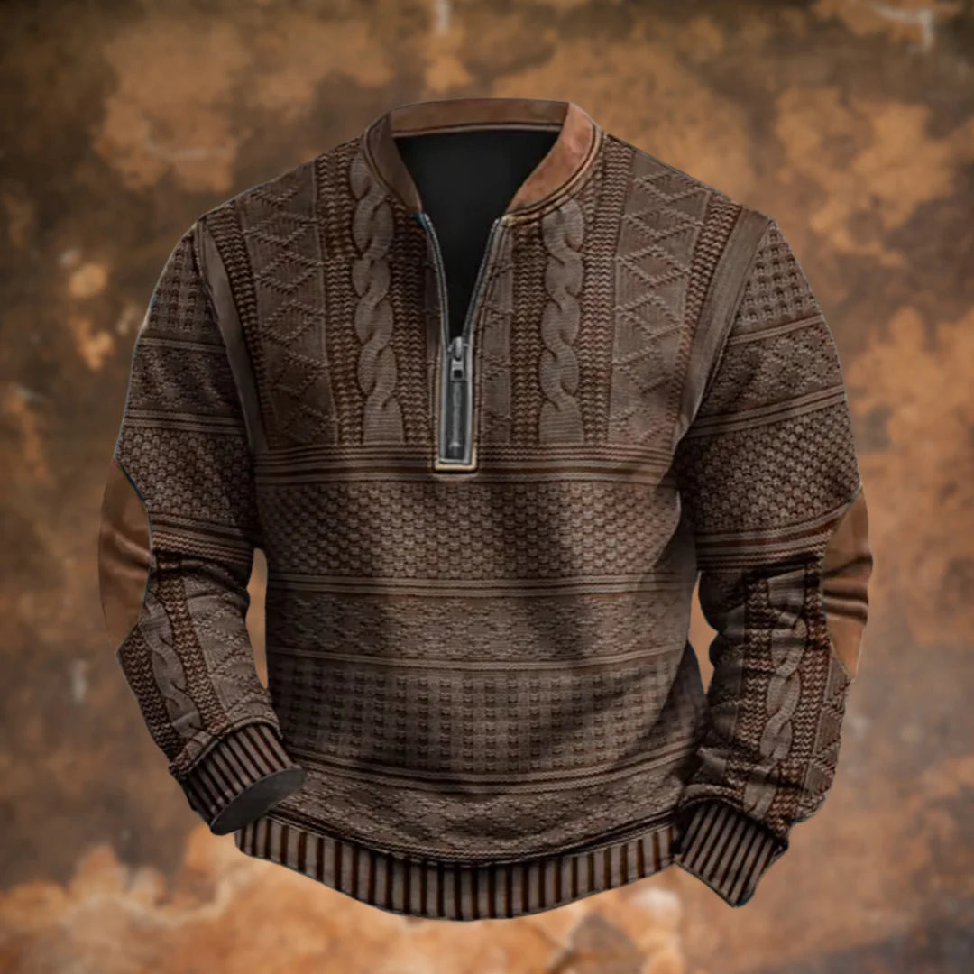 Brown Men's Quarter Zip Sweater with Cable Knit Texture & Suede Elbow Patches