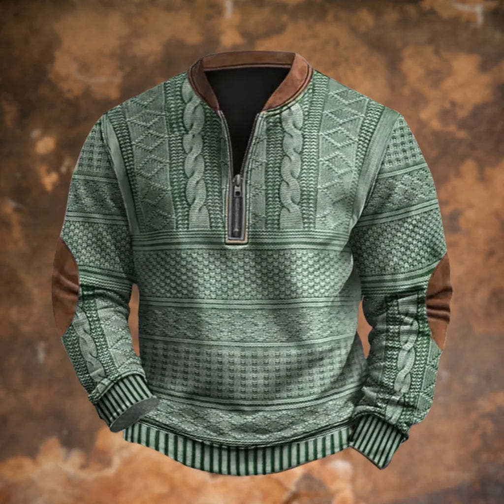 Green Men's Quarter Zip Sweater with Cable Knit Texture & Suede Elbow Patches