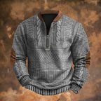 Grey Men's Quarter Zip Sweater with Cable Knit Texture & Suede Elbow Patches