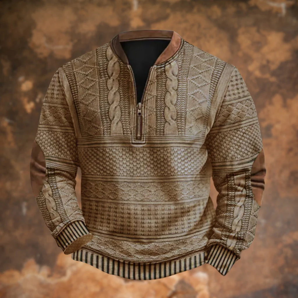 Khaki Men's Quarter Zip Sweater with Cable Knit Texture & Suede Elbow Patches - Front Detail