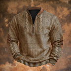 Khaki Men's Quarter Zip Sweater with Cable Knit Texture & Suede Elbow Patches - Front Detail
