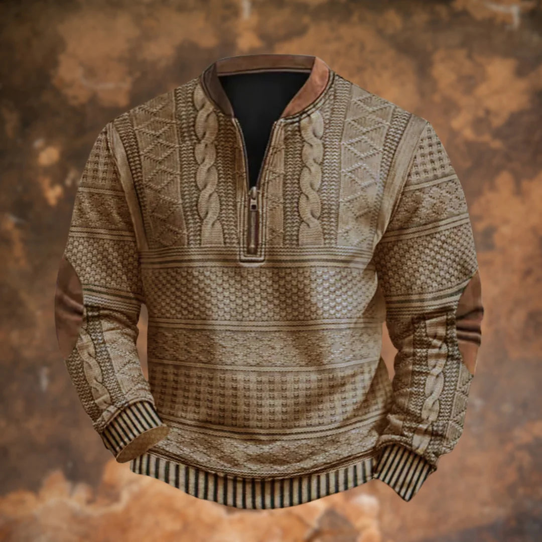Khaki Men's Quarter Zip Sweater with Cable Knit Texture & Suede Elbow Patches - Front Detail