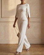 White Women's Wide-Leg Detail Jumpsuit with Pearl-Embellished Split Sleeves