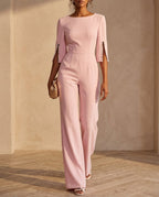 Pink Women's Wide-Leg Detail Jumpsuit with Pearl-Embellished Split Sleeves