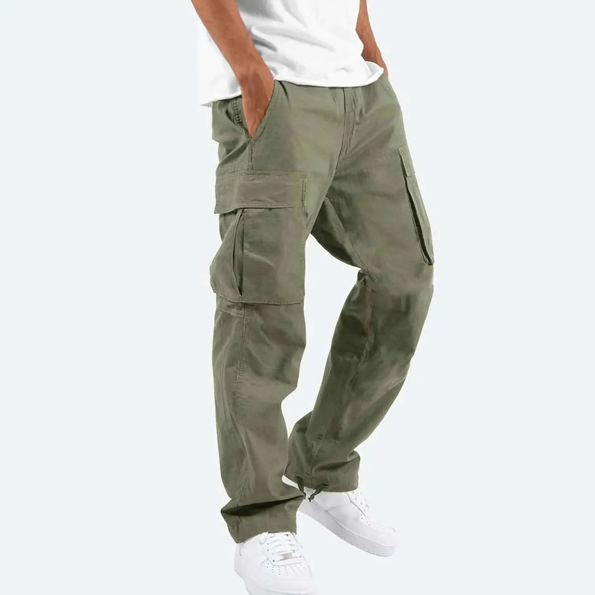 Men's Cargo Pants with Drawstring Hem & Relaxed Straight Fit - Green Back View