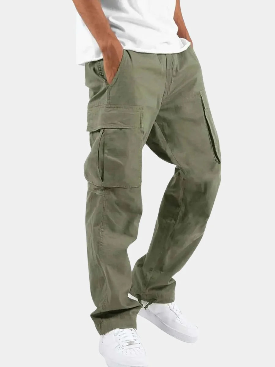 Army Green Men's Cargo Pants with Drawstring Hem & Relaxed Straight Fit - Front Full