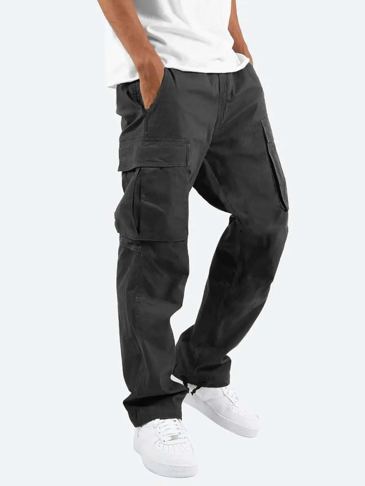 Black Men's Cargo Pants with Drawstring Hem & Relaxed Straight Fit