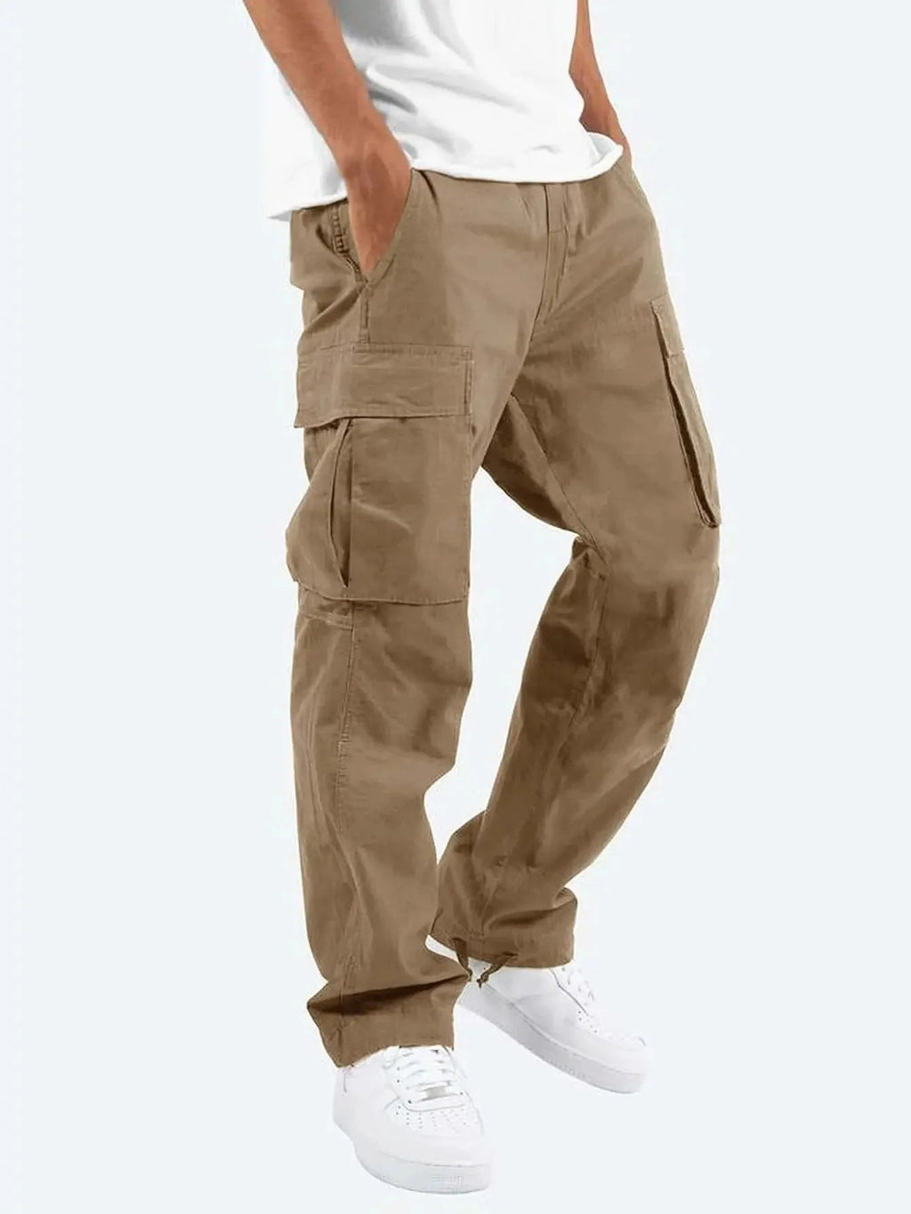Brown Men's Cargo Pants with Drawstring Hem & Relaxed Straight Fit