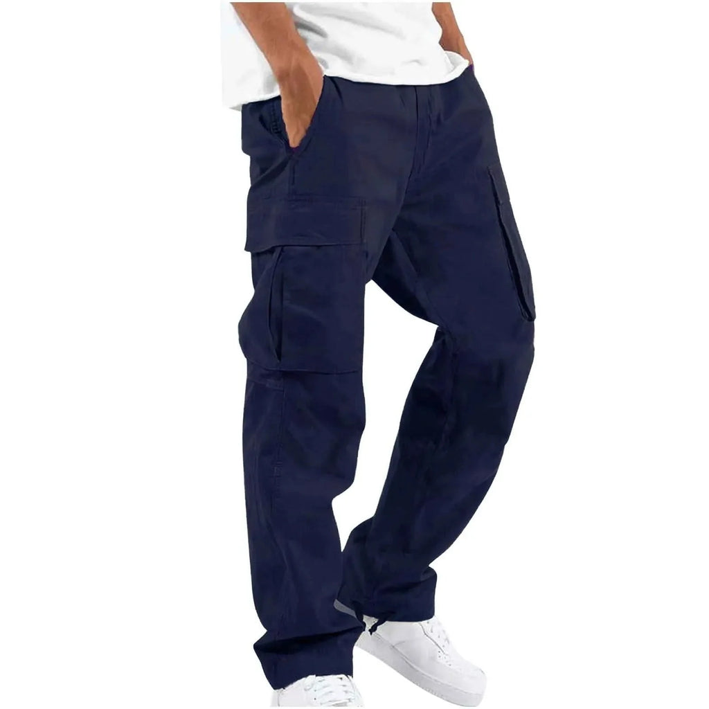 Navy Blue Men's Cargo Pants with Drawstring Hem & Relaxed Straight Fit - Studio Pose